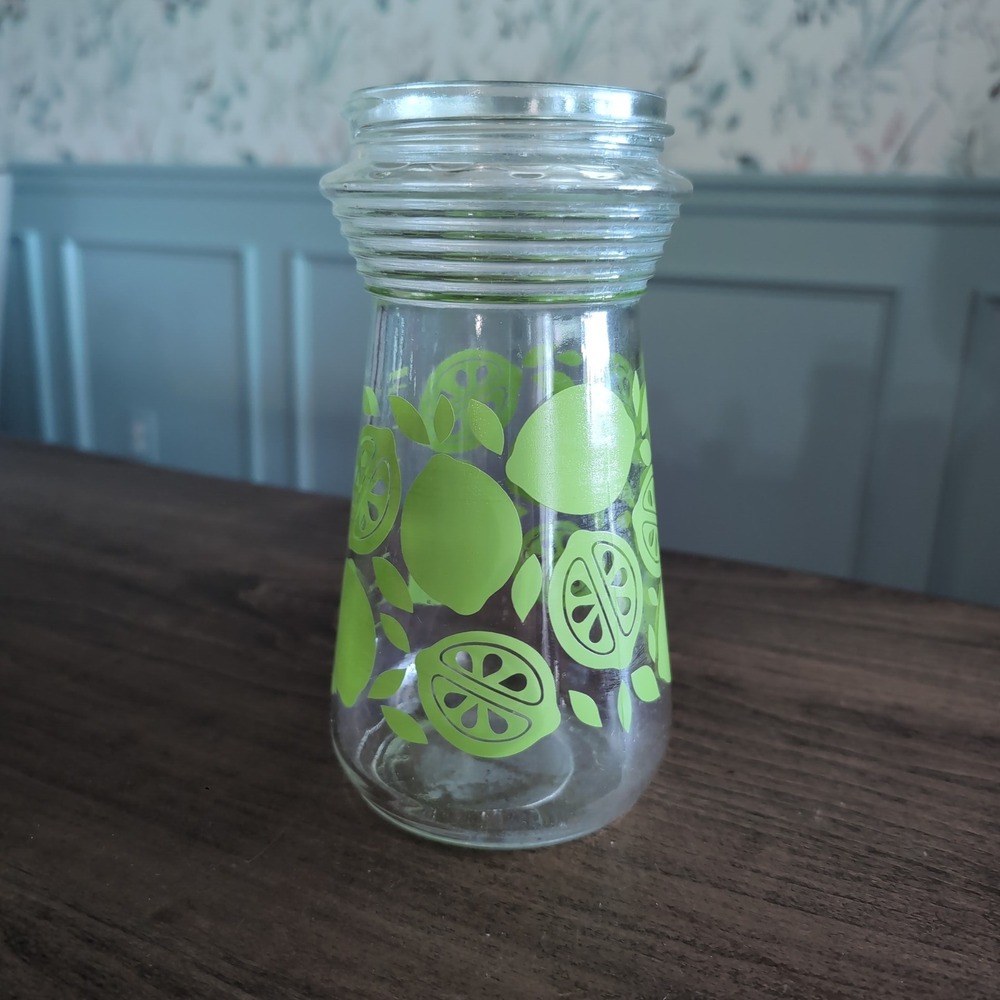 Vintage Pyrex Glass Juice Carafe Shaker 24oz Lime Citrus Print MCM Retro No Lid